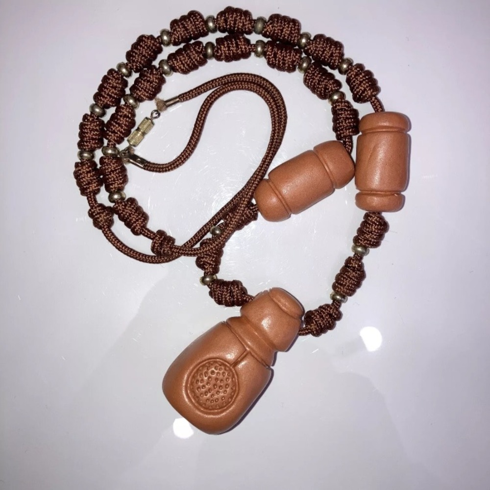 Vintage Chunky Necklace Clay Pendant, Approx 34” Boho Natural Unique!